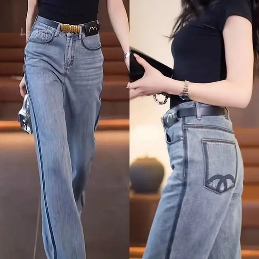 Pear-shaped Body Slightly Fat Wear with New Jeans Women Fall Wash Color Contrast High Waist Lean Stretch Wide Leg Pants