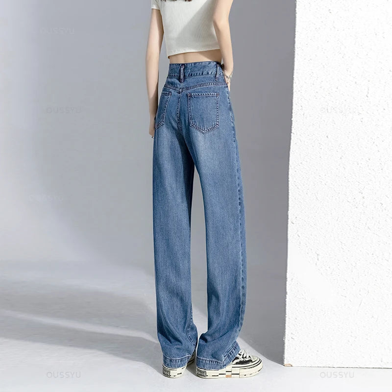 ฤดูร้อนLyocellบางกางเกงยีนส์ขากว้างของผู้หญิงเอวสูงSlimming Design High Street Moppingกางเกงหลวมตรงกางเกงแฟชั่น