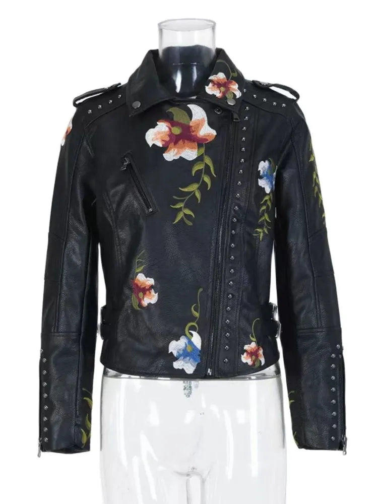 2023 Spring Autumn Floral Print Embroidery Faux Leather Jackets Women High Street Moto Rivet Black Punk Outerwear Biker Coats
