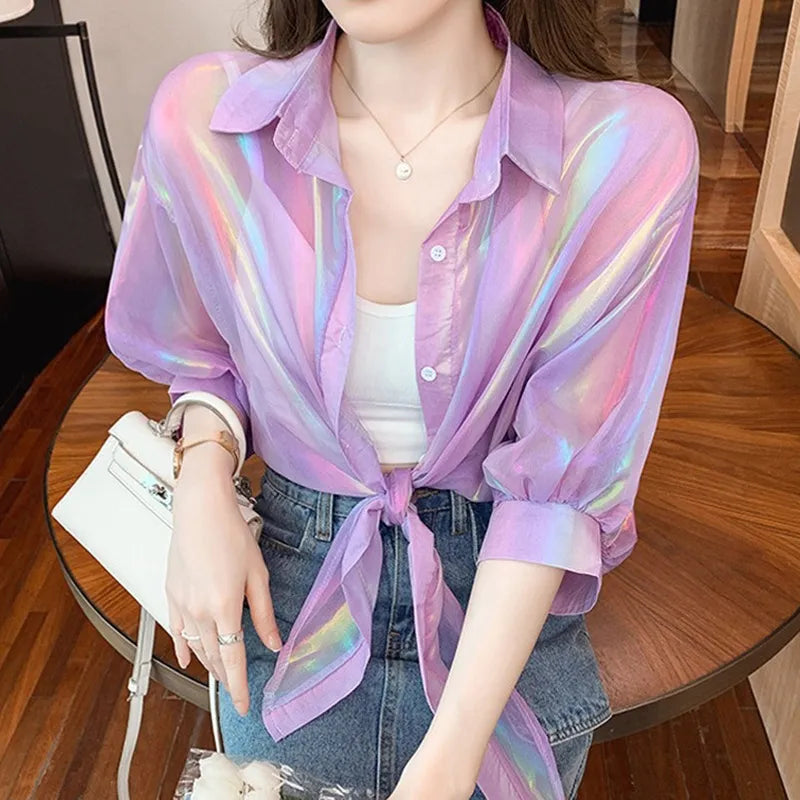 HELIAR Buttoned Up Shirts Women Half Sleeve Shining Sparkles Tied Waist Sexy Chiffon Blouses Shirts For Women 2023 Summer Autumn