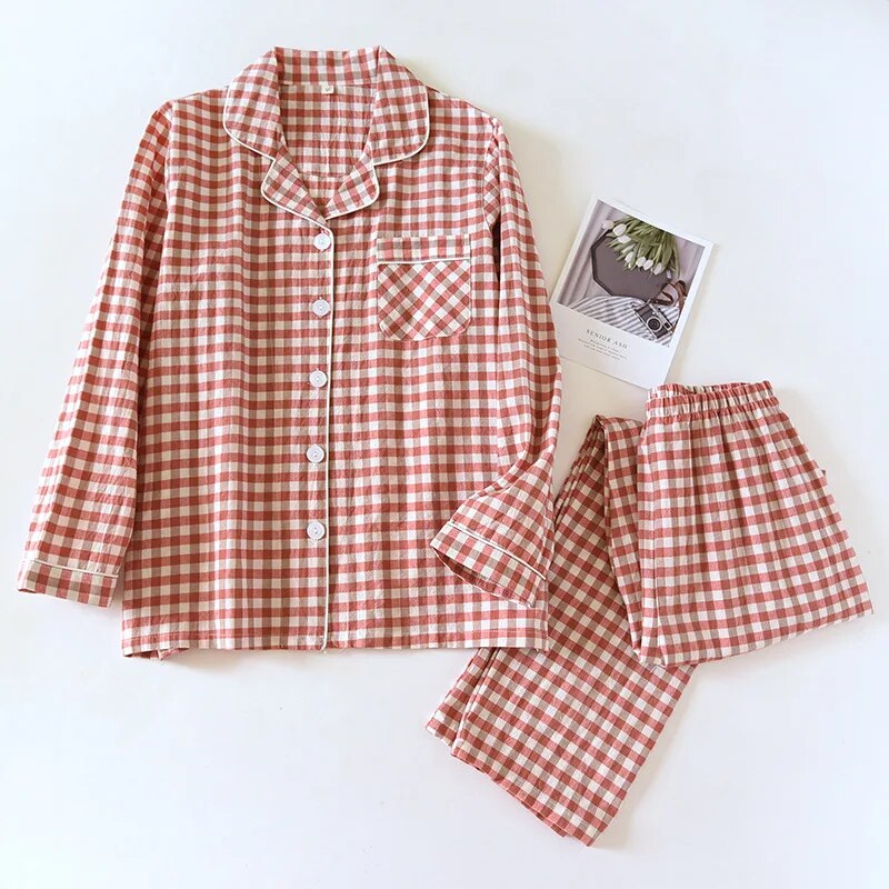 2023 New Japanese Spring and Autumn Couple Pajama Set 100% Cotton Men's and Women's Plaid Long Sleeve Two Piece Home Furnishing