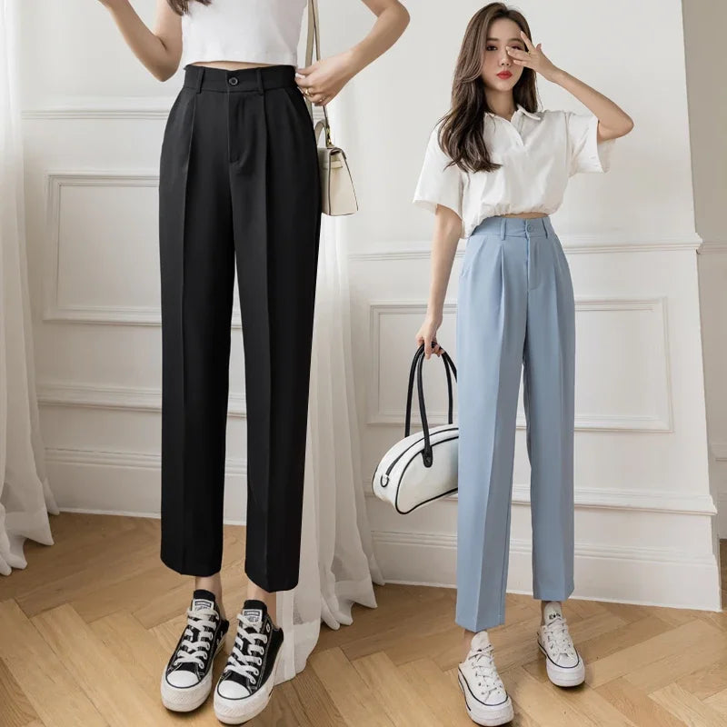 ลำลองผู้หญิงชุดกางเกง 2023 ฤดูร้อนแฟชั่นเอวสูงสีดำHaremกางเกงหญิงเกาหลีสไตล์กระเป๋าบางเก้าจุดกางเกง