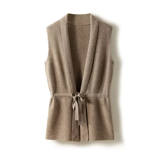 Temperament 100% Merino Wool V-Neck Tie Vest Vest Women's Short Knit Cardigan Coat Sweater 2022 Spring and Autumn Fashion Jacket