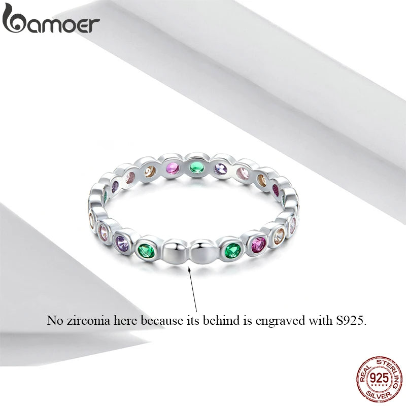 BAMOER 925 Sterling Silver Rainbow Zircon Finger Ring for Women Trendy Fashion Dazzling CZ Stone Anillos Jewelry Gift SCR714