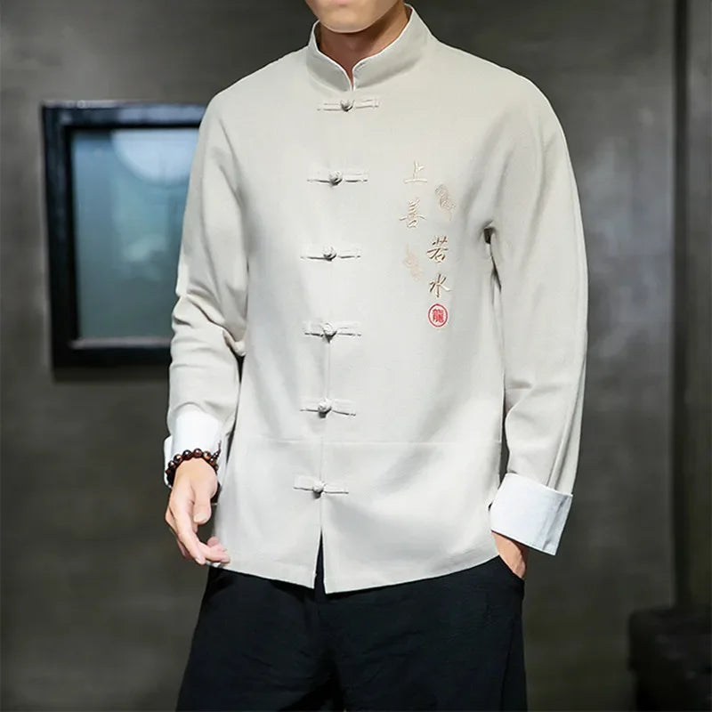 เสื้อแขนยาวผู้ชายข่าวบุรุษเสื้อผ้าจีนแบบดั้งเดิมผู้ชายผ้าฝ้ายเย็บปักถักร้อยเครน Kung Fu ชุด Hanfu เสื้อเสื้อ