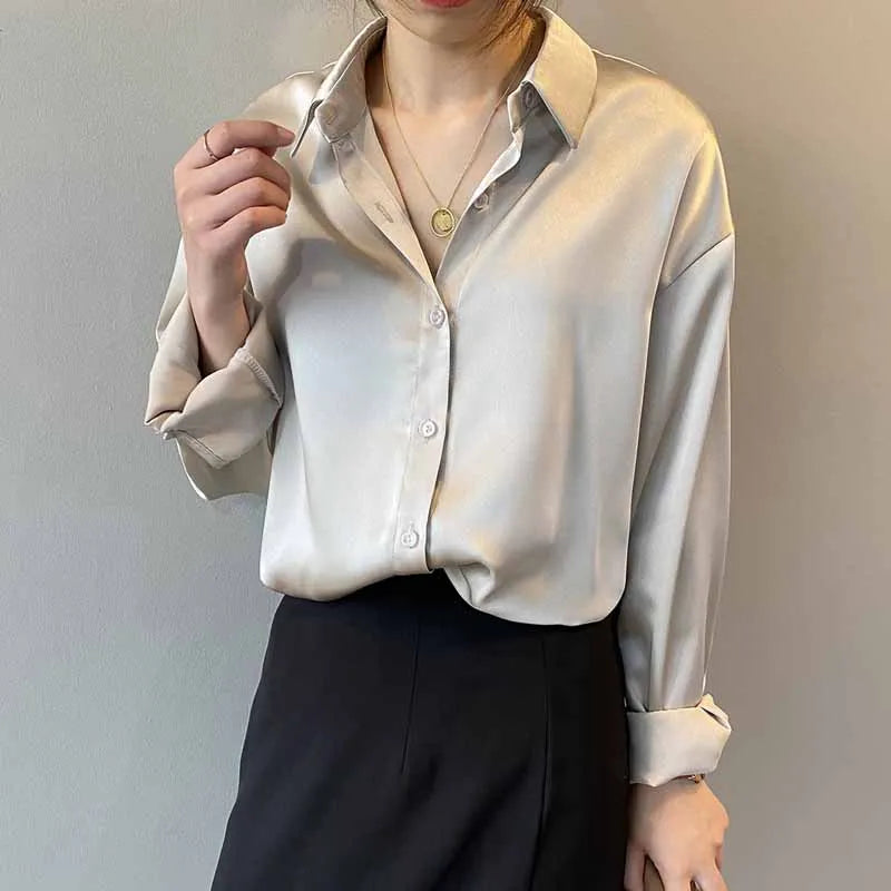 Silk Korean Office Ladies Elegant Shirt Blouse Women Fashion Button Up Satin Shirt Vintage White Long Sleeve Shirts Tops 11355