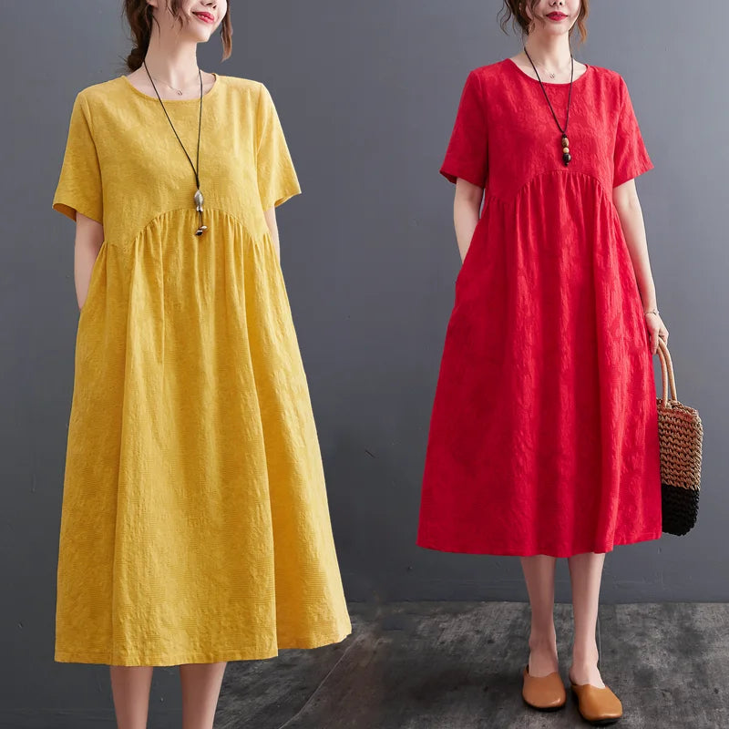 2023 New Arrival Japan Style Soft Cotton Linen Jacquard Loose Cozy Fashion Women Summer Dress Holiday Travel Casual Midi Dress