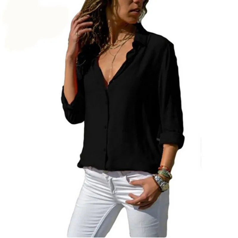 Spring/ Autumn Casual Blouse Long Sleeve Elegant Mujer Tops Single Row Button Camisa Clothes Streetwear Women Black Red Shirt