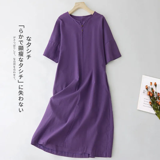 2023 New Arrival V-neck Cotton Blend Chic Girl's Purple Summer Dress Office Lady Work Dress Fashion Women Travel Casual Dress