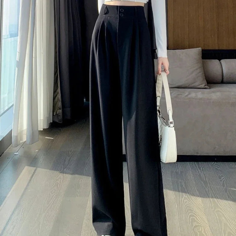 Elegantกางเกงขากว้างผู้หญิงเกาหลีสไตล์เอวสูงสีดำกางเกงกระโปรงสุภาพสตรีแฟชั่นหลวมกางเกงStreetwear 2024