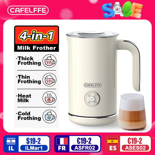 Cafelffe 4in1 Electric Milk Frother Frothing Foamer Chocolate Mixer Cold/Hot Latte Cappuccino Automatic foam milk heater Warmer