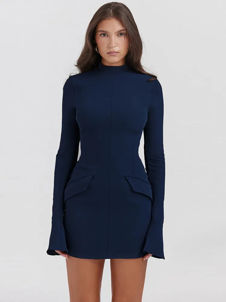 BB0001 Mozision Dark Blue Two Pocket Sexy Mini Dress For Women 2023 Autumn Winter New Long Sleeve Bodycon Club Party Dress Elegant