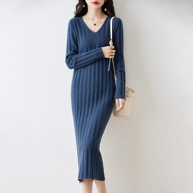 Women Clothing 100% Wool Knitted Dresses  New Arrival Winter/ Autumn V-neck  Long Style 6Colors Female Jumpers