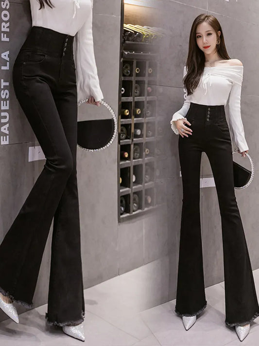 แฟชั่นผู้หญิงกางเกงยีนส์ 2022 ฤดูใบไม้ร่วงใหม่สูงเอวSlimmingกระชับหน้าอกดิบขอบยืดFlaredกางเกงเสื้อผ้าผู้หญิงเกาหลี