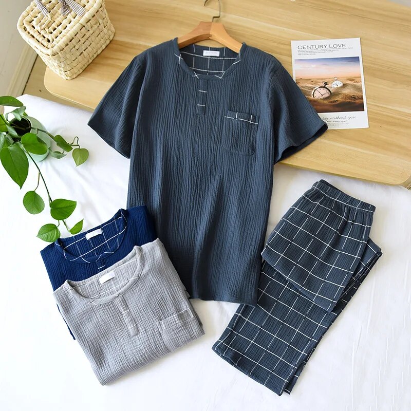 New spring and autumn men's 100% cotton crepe round neck plaid pajamas two-piece long-sleeved trousers plus size loungewear suit