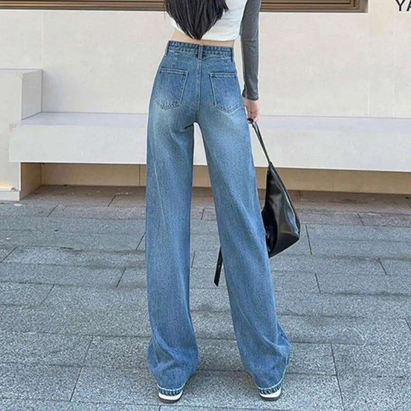 กางเกงยีนส์กางเกงยีนส์ผู้หญิงสบายๆแฟชั่นการออกแบบกางเกงหลวมตรงยี่ห้อสีชมพูสีฟ้าสีดำโฟร์ซีซั่น Dropship