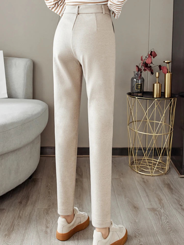 กางเกงขนสัตว์ผู้หญิงกางเกงดินสอHarem 2023 ฤดูใบไม้ร่วงฤดูหนาวสูงเอวชุดลำลองกางเกงOffice Ladyกางเกงผู้หญิงขายร้อน