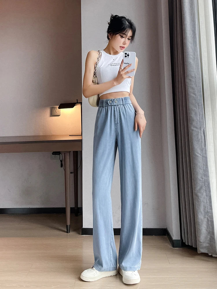 Wide Leg Ice Silk Jeans Women Summer Soft High Waist Pants Femme Thin Loose Casual Trousers Cool Denim Pants Mujer Light Blue