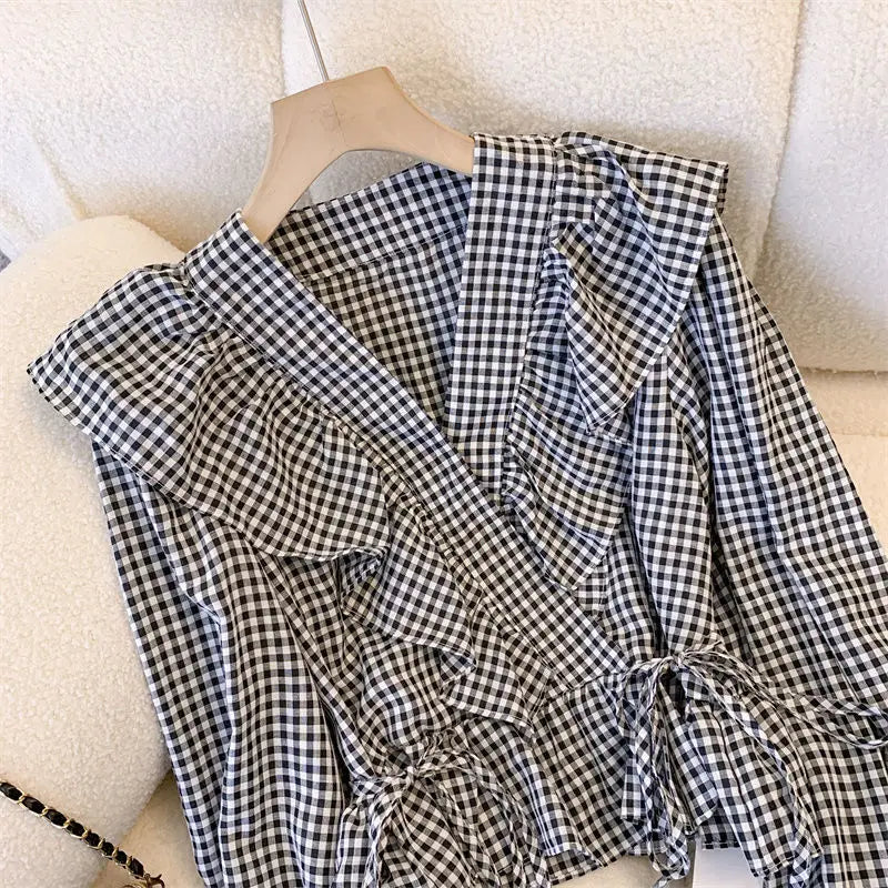 Plaid Blouses Women V-neck Vintage Ruffles Sweet All-match Korean Style Tender Simple Fashion Chic Korean Style Students Casual
