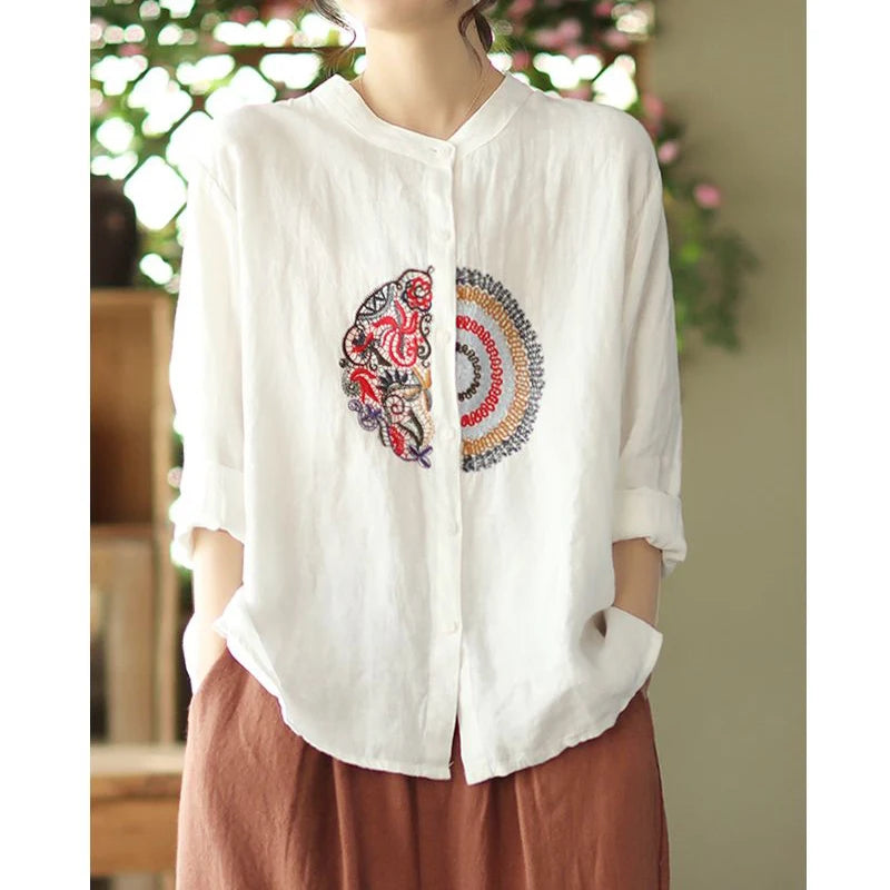 Women Vintage Ethnic Style Embroidered Irregular Cotton Linen Shirts Fashion Long Sleeve Loose Blouses Elegant Ladies Tops Blusa