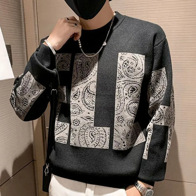 Fashion O-Neck Knitted Spliced All-match Printed Sweater Men's Clothing 2023 Autumn New Casual Pullovers Long Sleeve Korean Tops