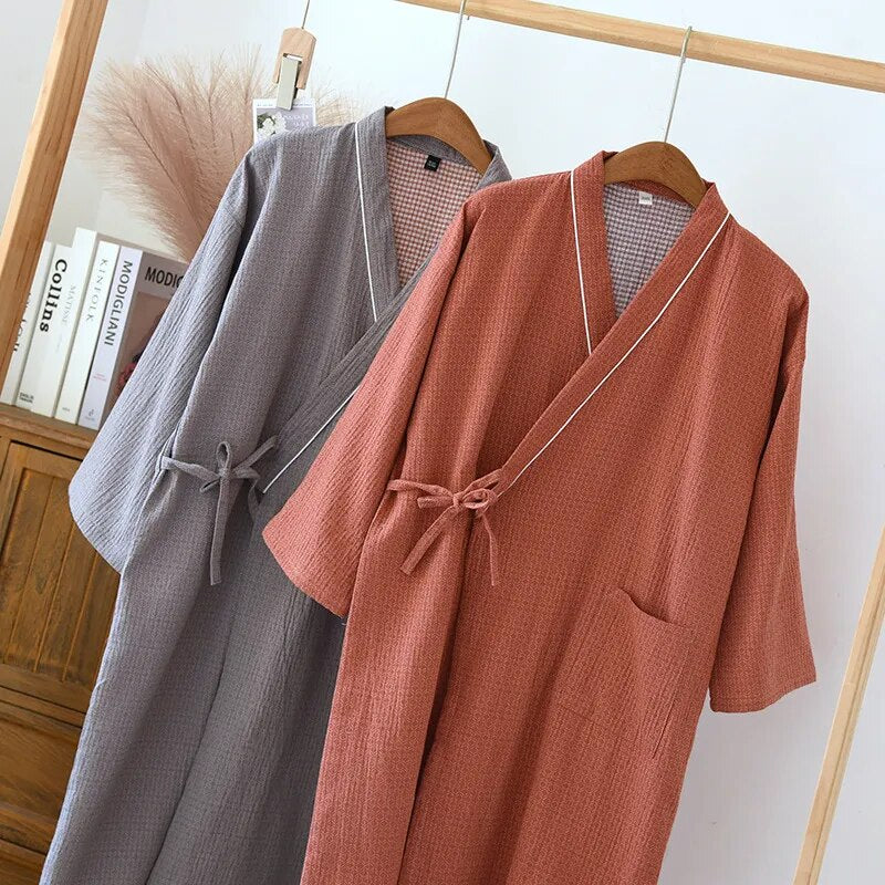 2023 New Japanese Kimono Robe Spring/Summer Couple Nightgown100% Cotton Large Bathrobe Men's and Women's Mid length Home Pajamas