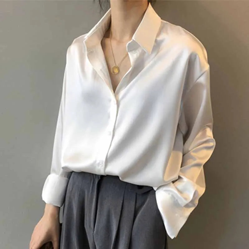 Silk Korean Office Ladies Elegant Shirt Blouse Women Fashion Button Up Satin Shirt Vintage White Long Sleeve Shirts Tops 11355