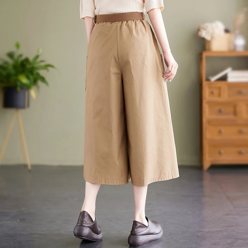 High Waist Pure Cotton Culottes Capris Pants Pockets Korea Style Lady Summer Casual Pants Sashes Slim Women Wide Leg Pants