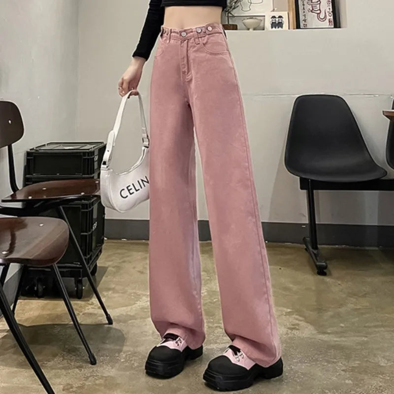 Denim Jeans Women Casual Fashion Design Pants Loose Straight Brand Pink Blue Black Four Season Dropship