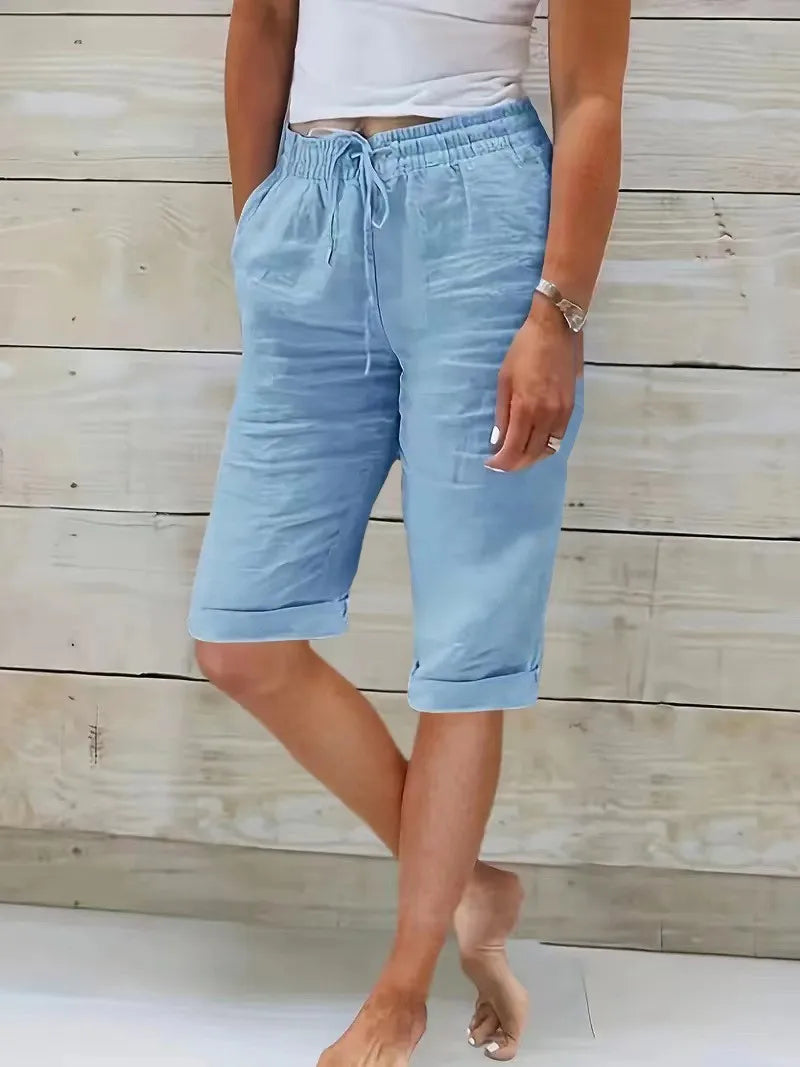 Womens Summer Elastic Waist Pocket Pocket Solid Color Cotton Linen Wide Leg Pants Loose Pants Pants for Women Women’s Pants