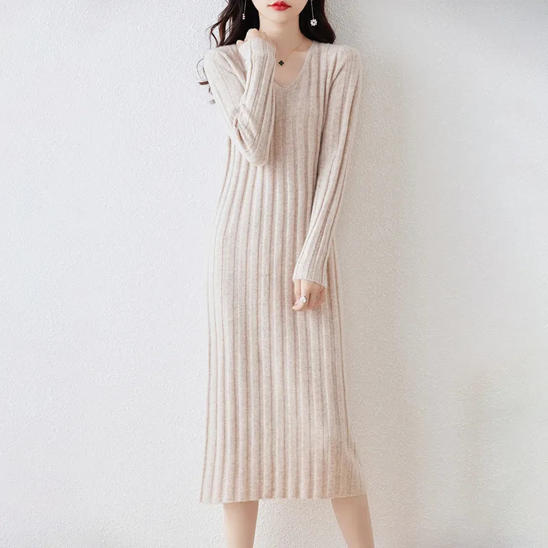 Women Clothing 100% Wool Knitted Dresses  New Arrival Winter/ Autumn V-neck  Long Style 6Colors Female Jumpers