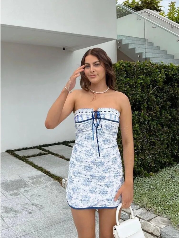 JULISSA MO Floral Printed Vacation Women Dress Off-shoulder Blue Metal Button Spring Skinny Elegant Outside Female Mini Dresses