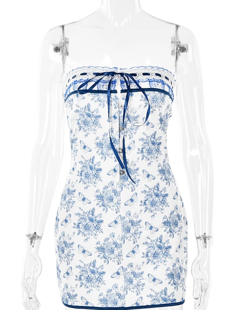 JULISSA MO Floral Printed Vacation Women Dress Off-shoulder Blue Metal Button Spring Skinny Elegant Outside Female Mini Dresses