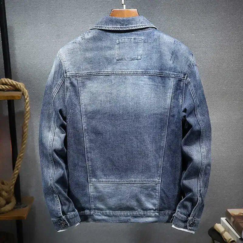 Male Jean Coats Blue Ripped Men's Denim Jacket Wide Shoulders with Hole Menswear Clothing Cheap Price Stylish Fashion of Fabric