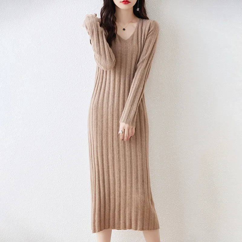 Women Clothing 100% Wool Knitted Dresses  New Arrival Winter/ Autumn V-neck  Long Style 6Colors Female Jumpers