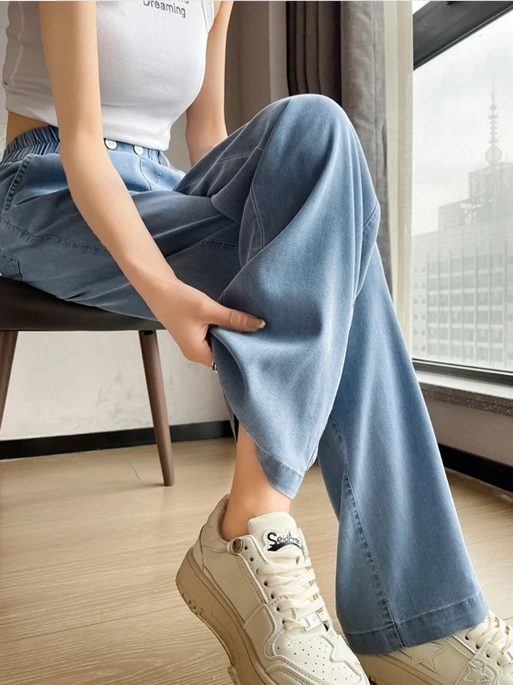 Wide Leg Ice Silk Jeans Women Summer Soft High Waist Pants Femme Thin Loose Casual Trousers Cool Denim Pants Mujer Light Blue