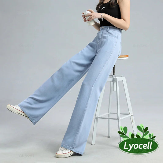 Summer Thin Soft Women's Jeans Natural Lyocell Fabric Baggy Wide Leg Denim Pants Streetwear Loose Casual Female Clothing XS-3XL