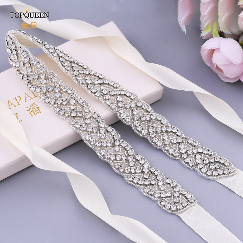 TOPQUEEN S216 Women&#39;s Rhinestones Belt Handmade Wedding Dresses Belt Marriage Bridal Ribbion Belts Wedding Bride Sash Party Belt