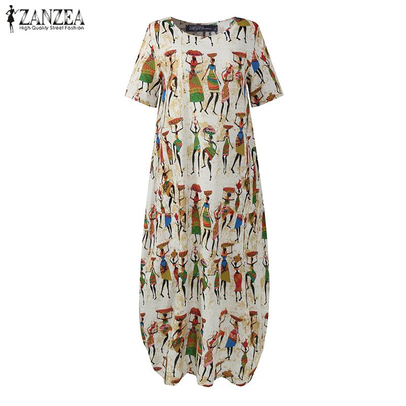 ผู้หญิงฤดูร้อน Sundress ZANZEA สไตล์การ์ตูนพิมพ์ Maxi ชุดลำลองแขนสั้น Tunic Vestidos หญิง O คอ Robe Oversize