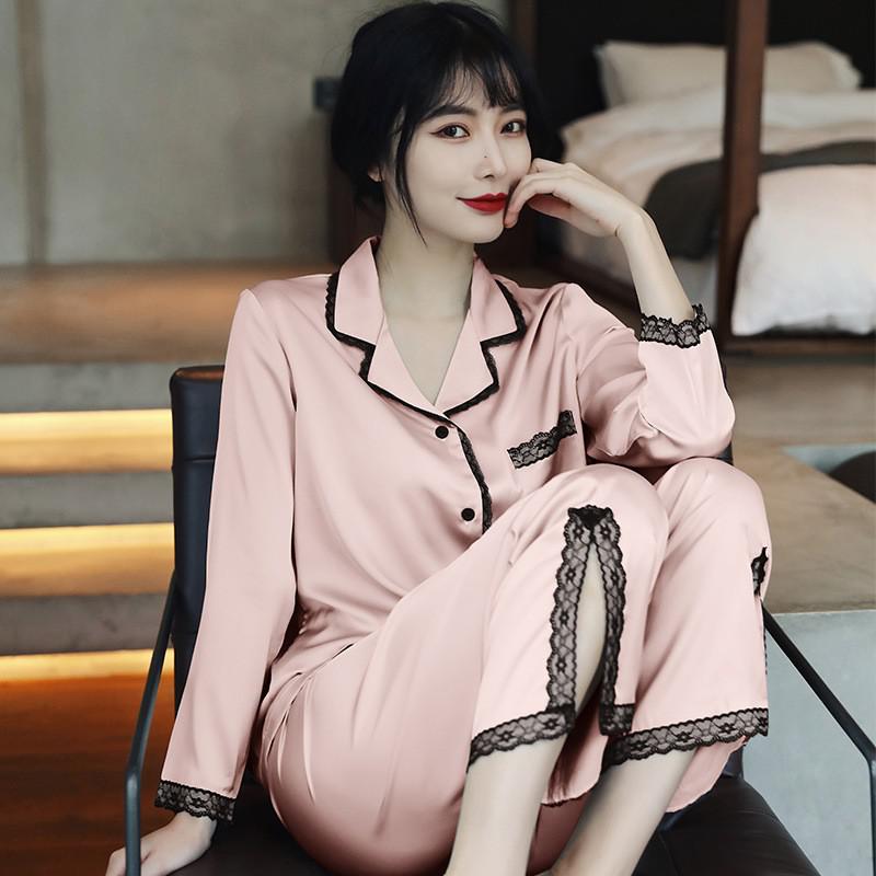 Lace Pj's 2PCS Sleepwear Women Satin Pajamas Suit Summer Pyjamas Casual Intimate Lingerie Long Sleeve Shirt&Pants Lounge Wear