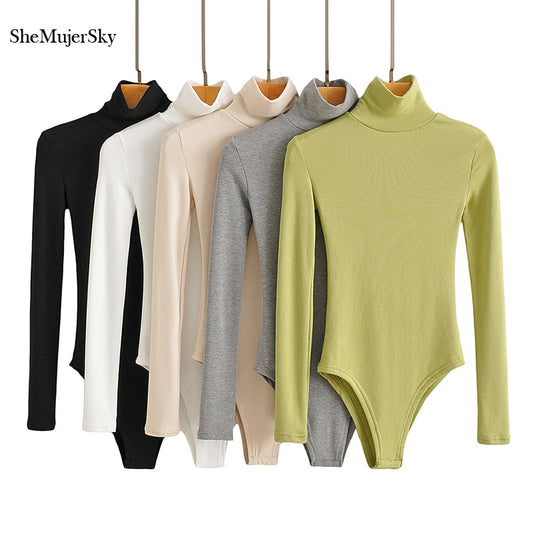 SheMujerSky Women Knitted Solid Color Turtleneck Bodysuit Tops 2021 Spring Autumn Long Sleeve Elastic Slim Jumpsuits