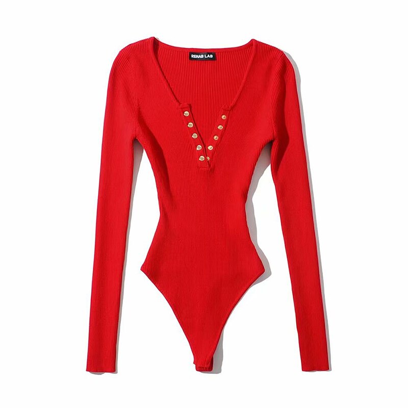 SheMujerSky Women Long Sleeve Buttons V-neck Bodysuits 2021 Sexy Spring Autumn Knitted High Elastic Slim Jumpsuit