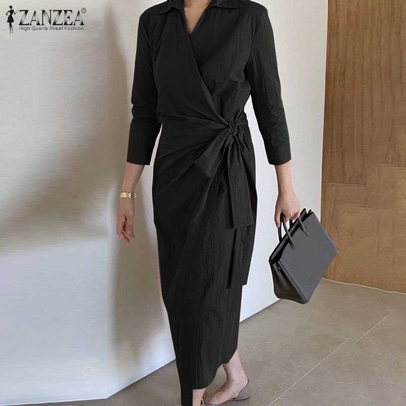 ZANZEA 2023 Stylish Maxi Dress Womens Spring Sundress Casual 3/4 Sleeve OL Style Vestidos Female Lapel Robe Belted Oversized