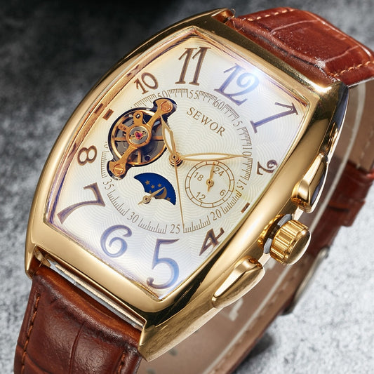 หรูหรานาฬิกาจักรกลอัตโนมัติผู้ชาย Moon Phase Skeleton Retro ไขลานนาฬิกาข้อมือชายทองกรณีนาฬิกานาฬิกาหนัง