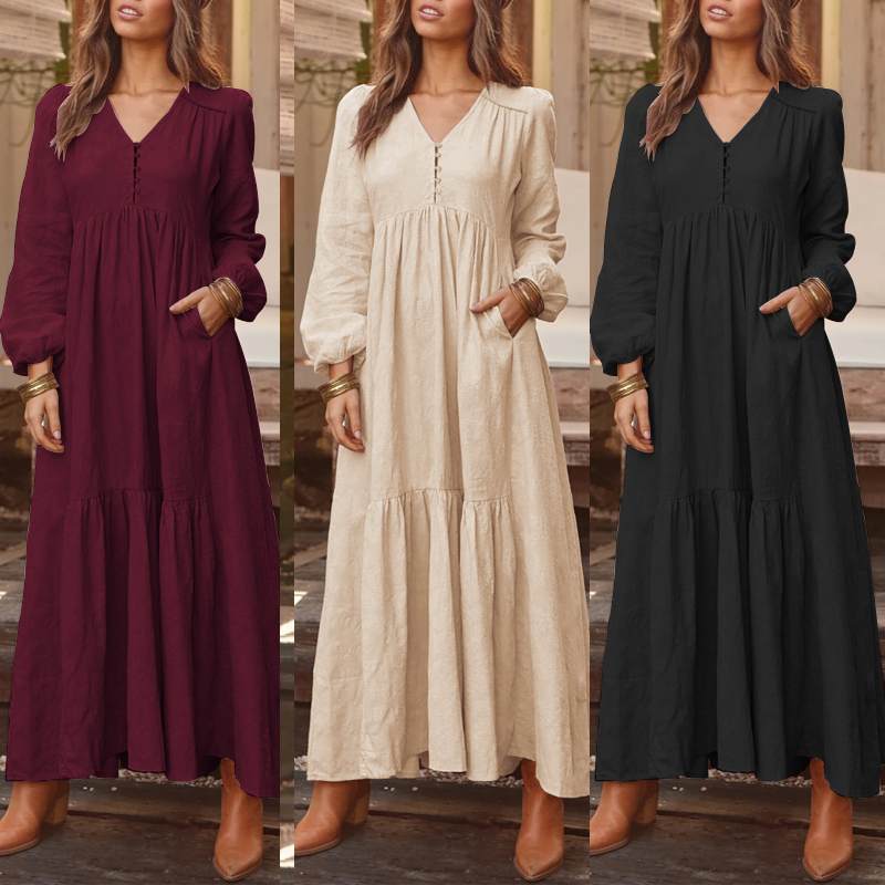 ชุดเสื้อโบฮีเมียนสตรี Maxi Sundress ZANZEA 2023 ฤดูใบไม้ผลิสบายๆ V คอ Ruflle Vestido หญิงแขนยาว Tunic Robe