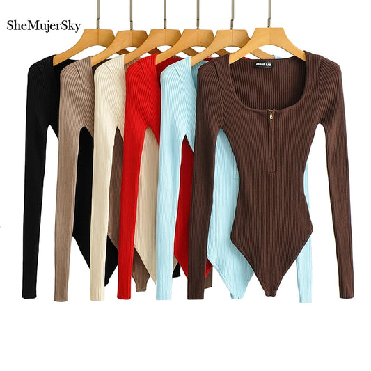 SheMujerSky Women Knitted Zipper Square Collar Bodysuits Elastic Slim Long Sleeve Solid Color Jumpsuits 2021 Sexy Tops