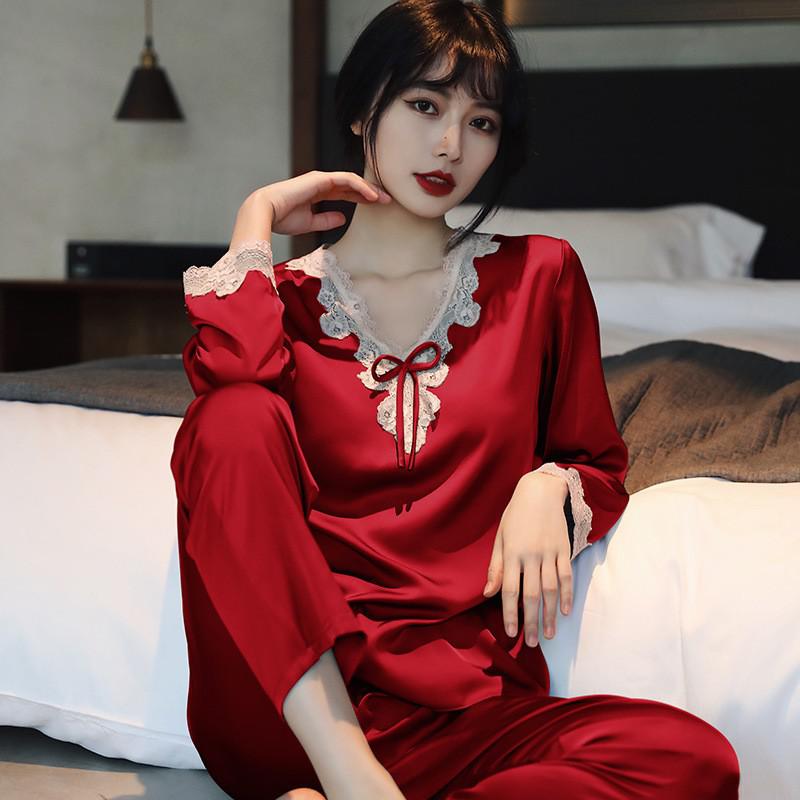 Lace Pj's 2PCS Sleepwear Women Satin Pajamas Suit Summer Pyjamas Casual Intimate Lingerie Long Sleeve Shirt&Pants Lounge Wear