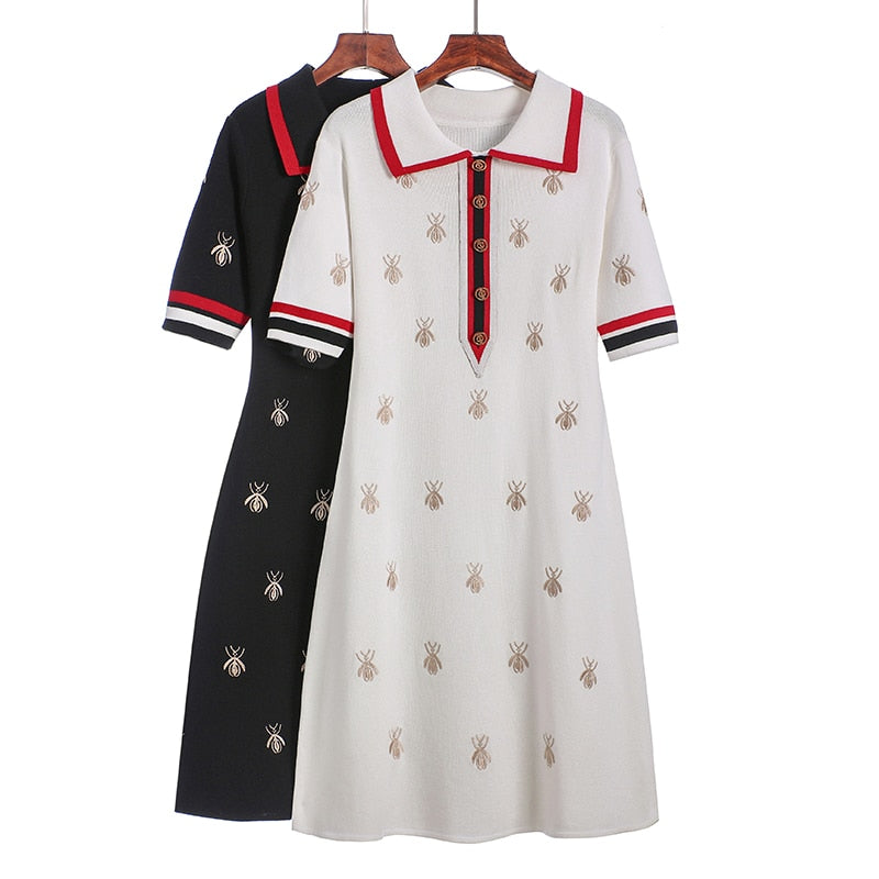 2022 Spring Summer Knit Cartoon Embroidered Polo Dress Woman Plus Size Black Casual Knee-length Straight Dresses Female