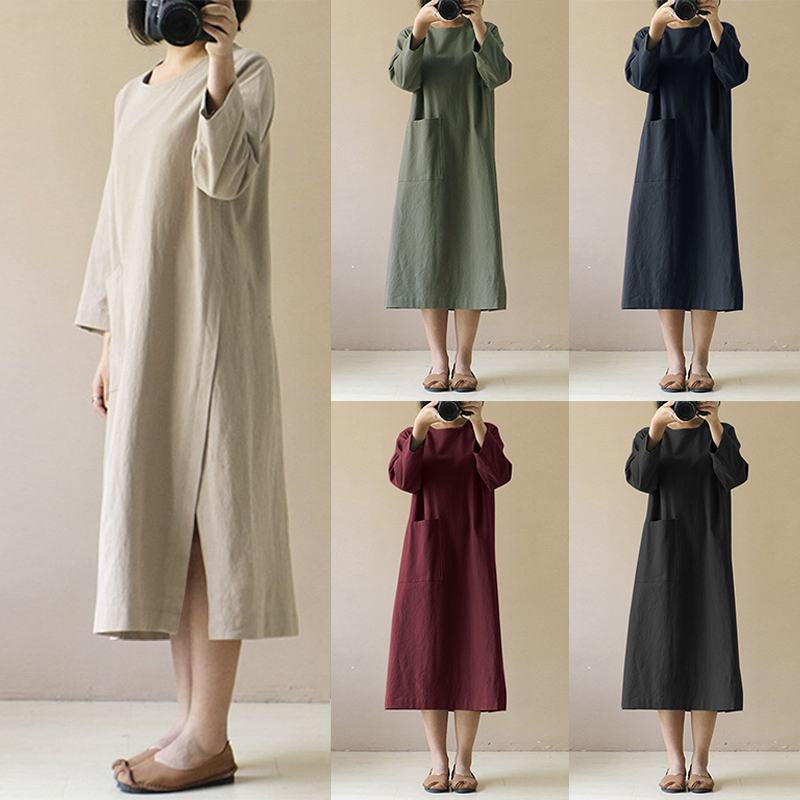 2023 ZANZEA  Linen Midi Dress Womens Autumn Sudress Casual Long Sleeve Split Tunic Vestidos Female Front Pocket Robe
