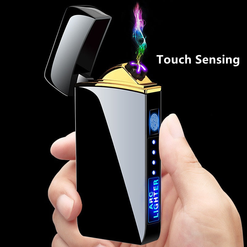 Electric Windproof Metal Lighter Double Arc Flameless Plasma Rechargeable USB Lighter LED Power Display Touch Sensor Lighter